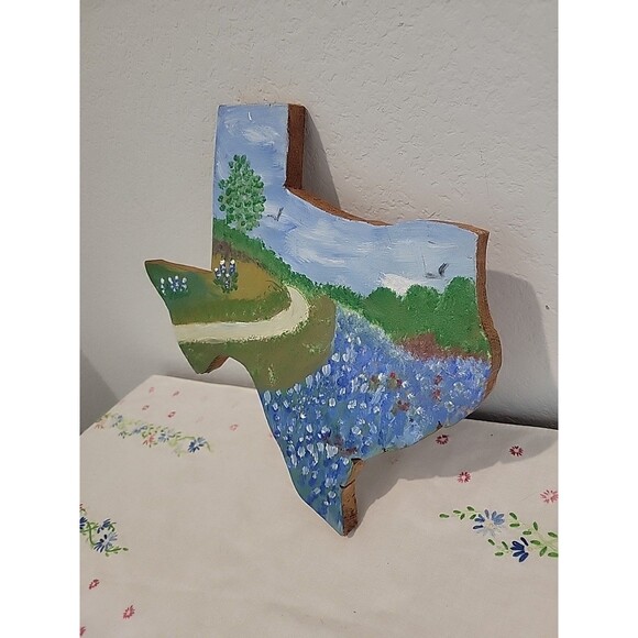 Texas Vtg Handpainted Spring In Texas Bluebonnets Wood Wall Decor unsigned - Picture 3 of 7